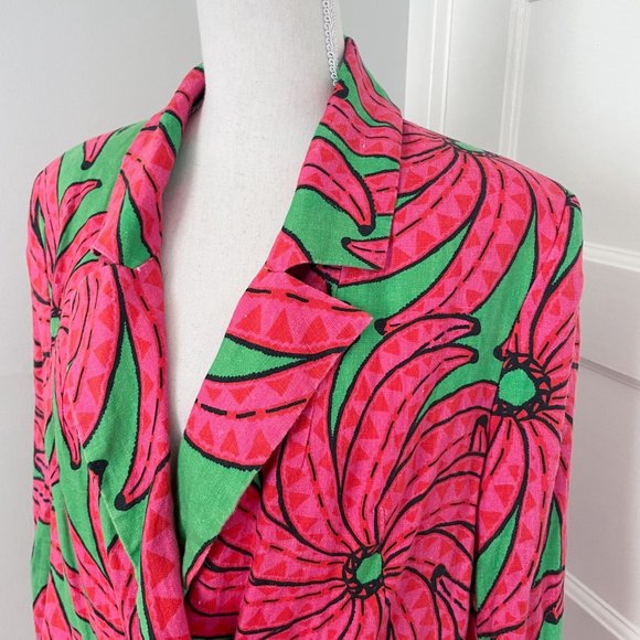 Farm Rio Linen Blazer Jacket Womens Size Small Pink Green Banana Pitta Oversized - Picture 3 of 12